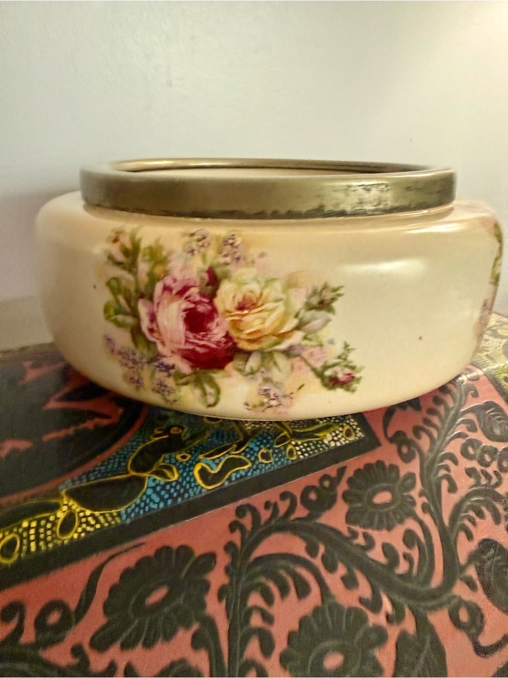 Antique English Biscuit Barrel Jar EPNS Silver Plate Trim Floral Base NO LID
